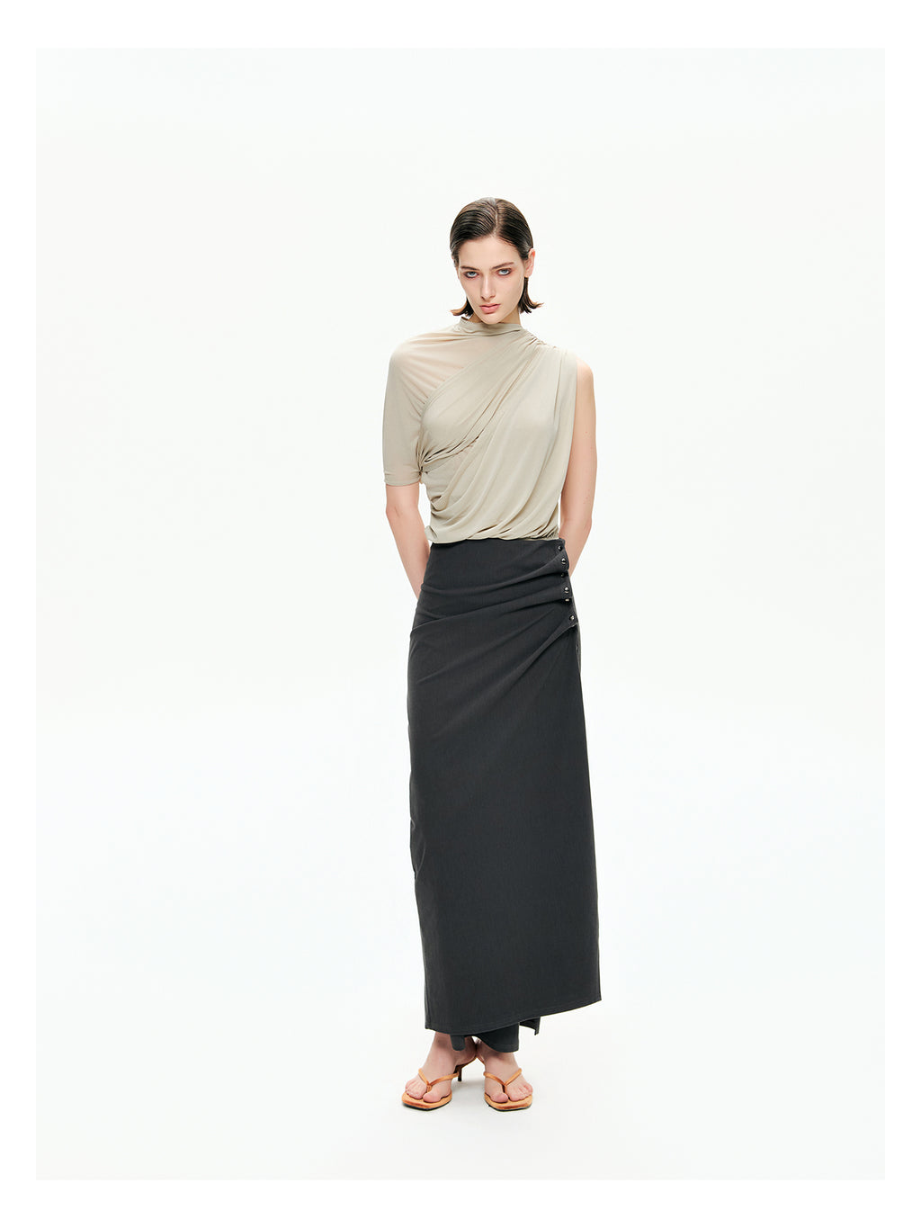 Snap-Detail Draped Wrap Maxi Skirt