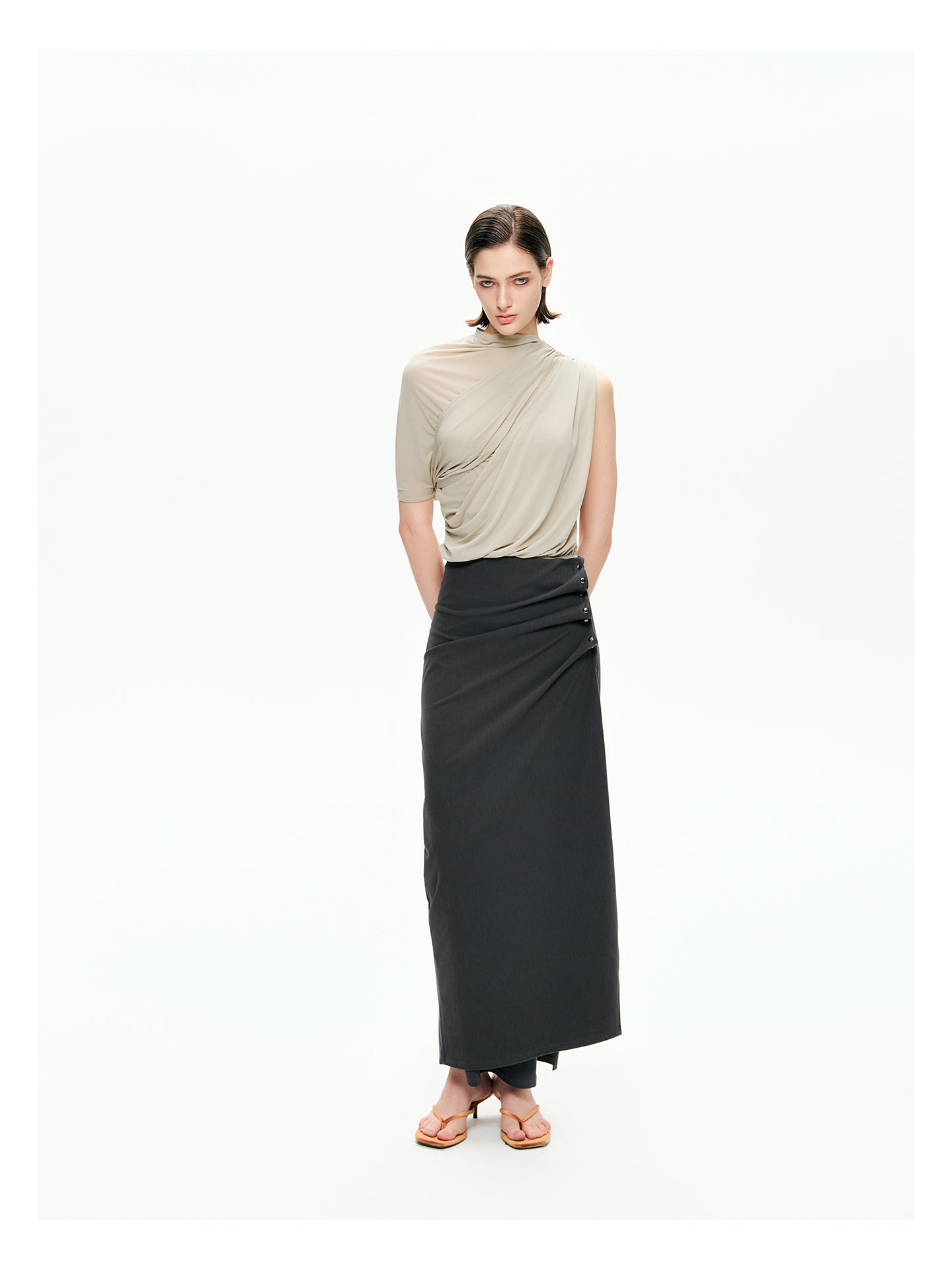 Snap-Detail Draped Wrap Maxi Skirt