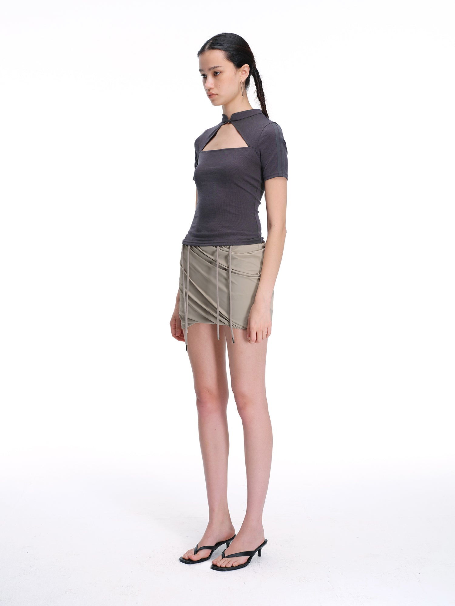 Fitted Mandarin Collar Cutout Top