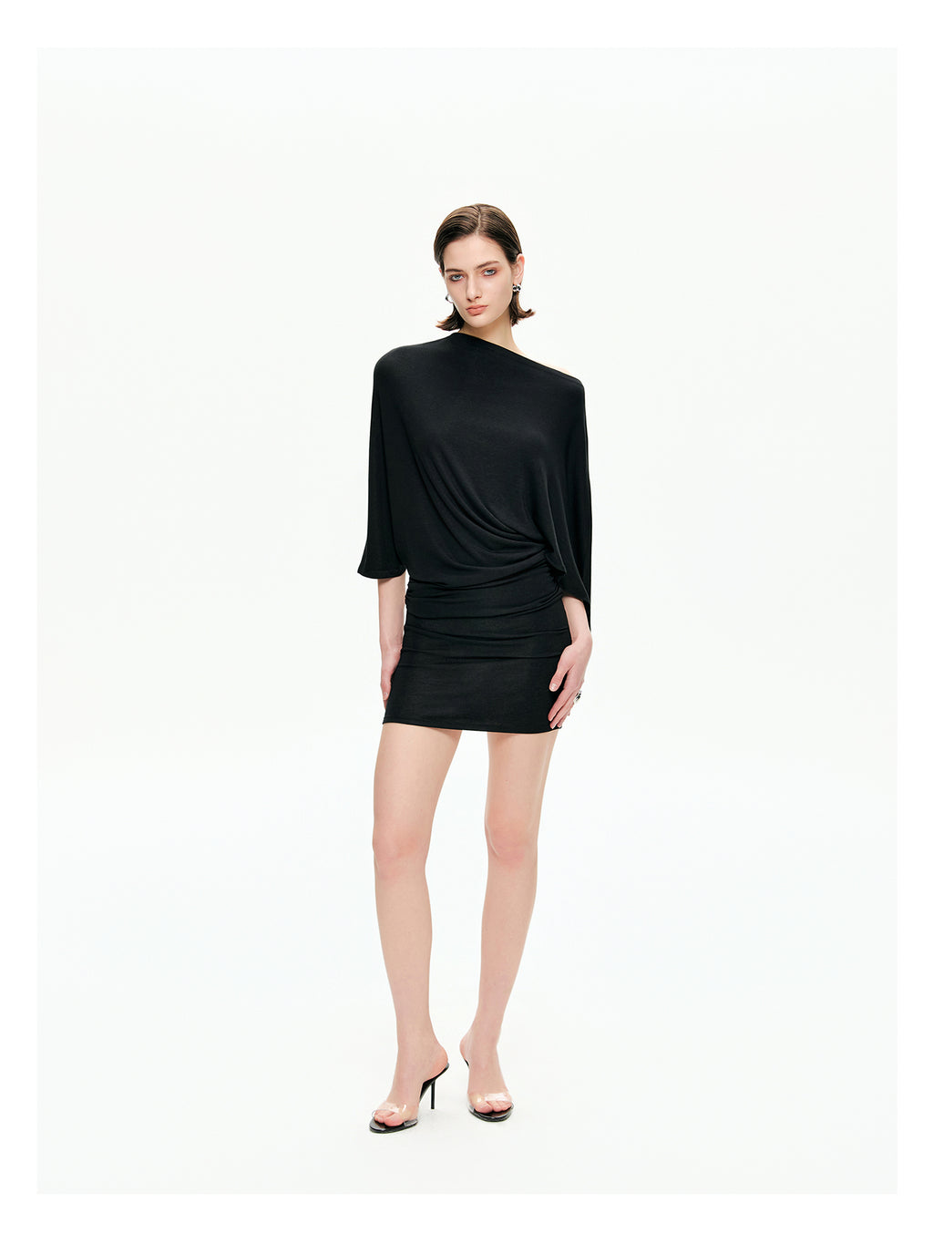Draped Sleeve Ruched Knit Mini Dress