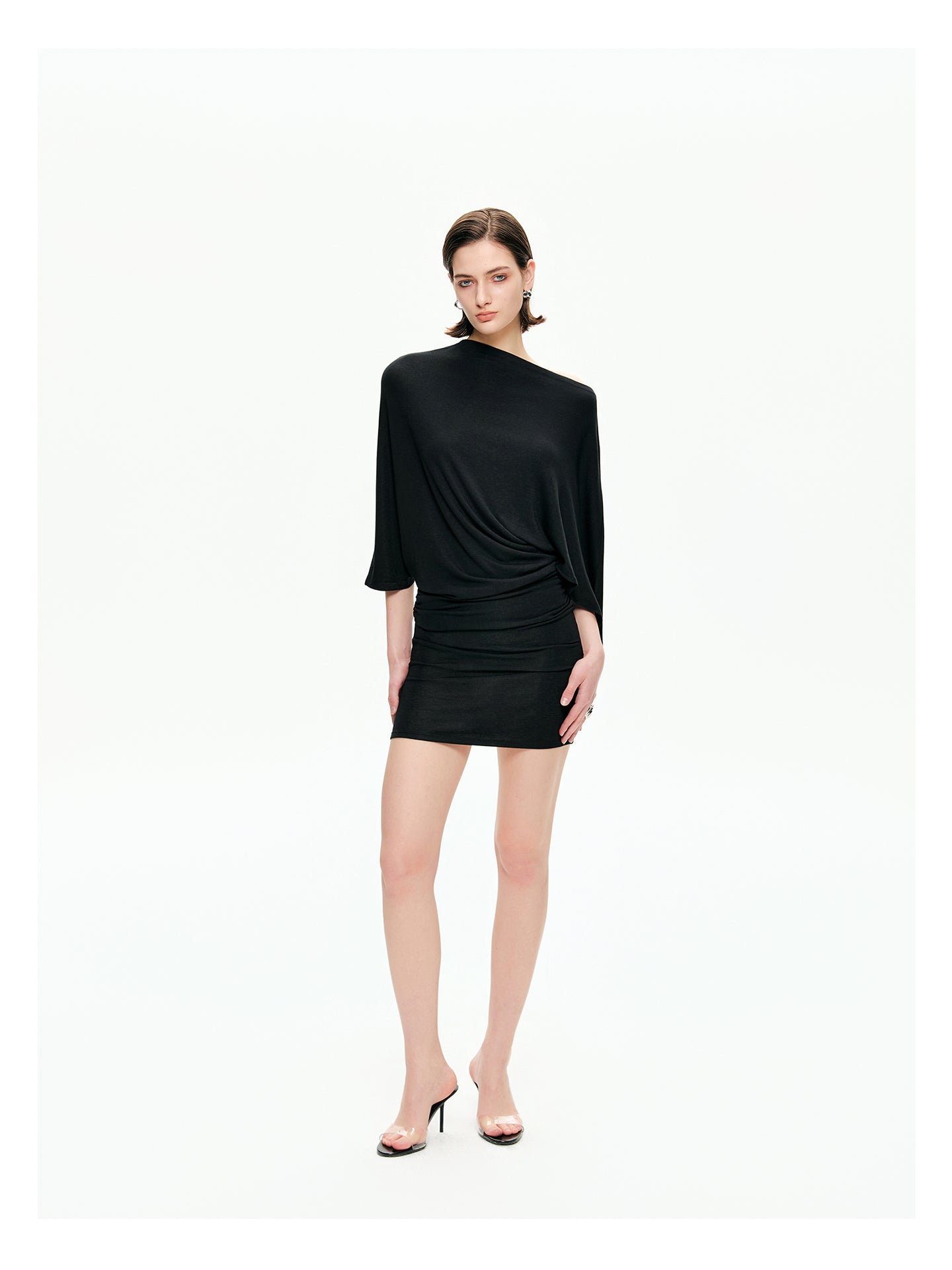 Draped Sleeve Ruched Knit Mini Dress