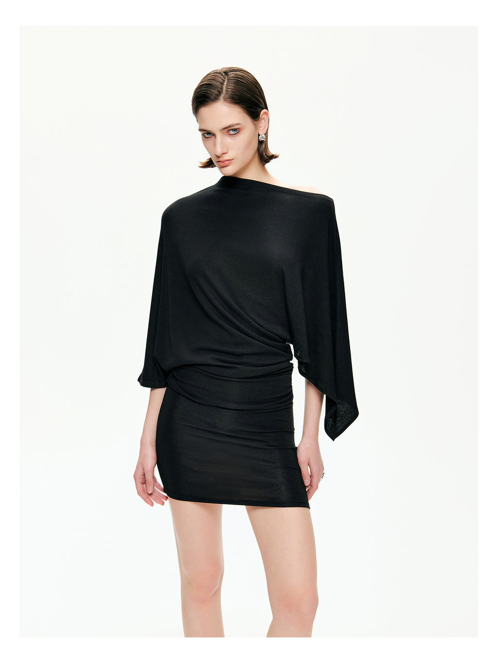 Draped Sleeve Ruched Knit Mini Dress