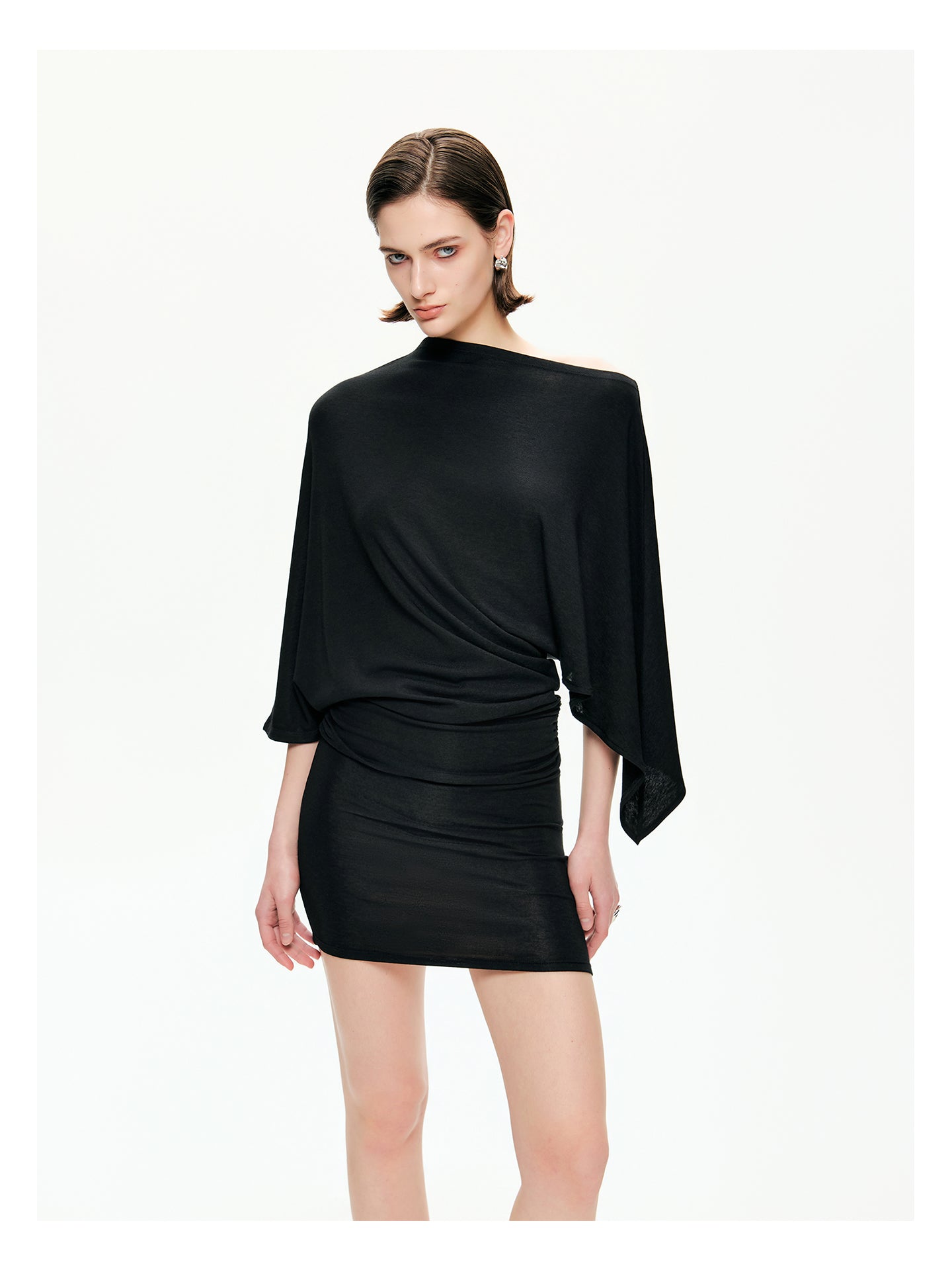 Draped Sleeve Ruched Knit Mini Dress