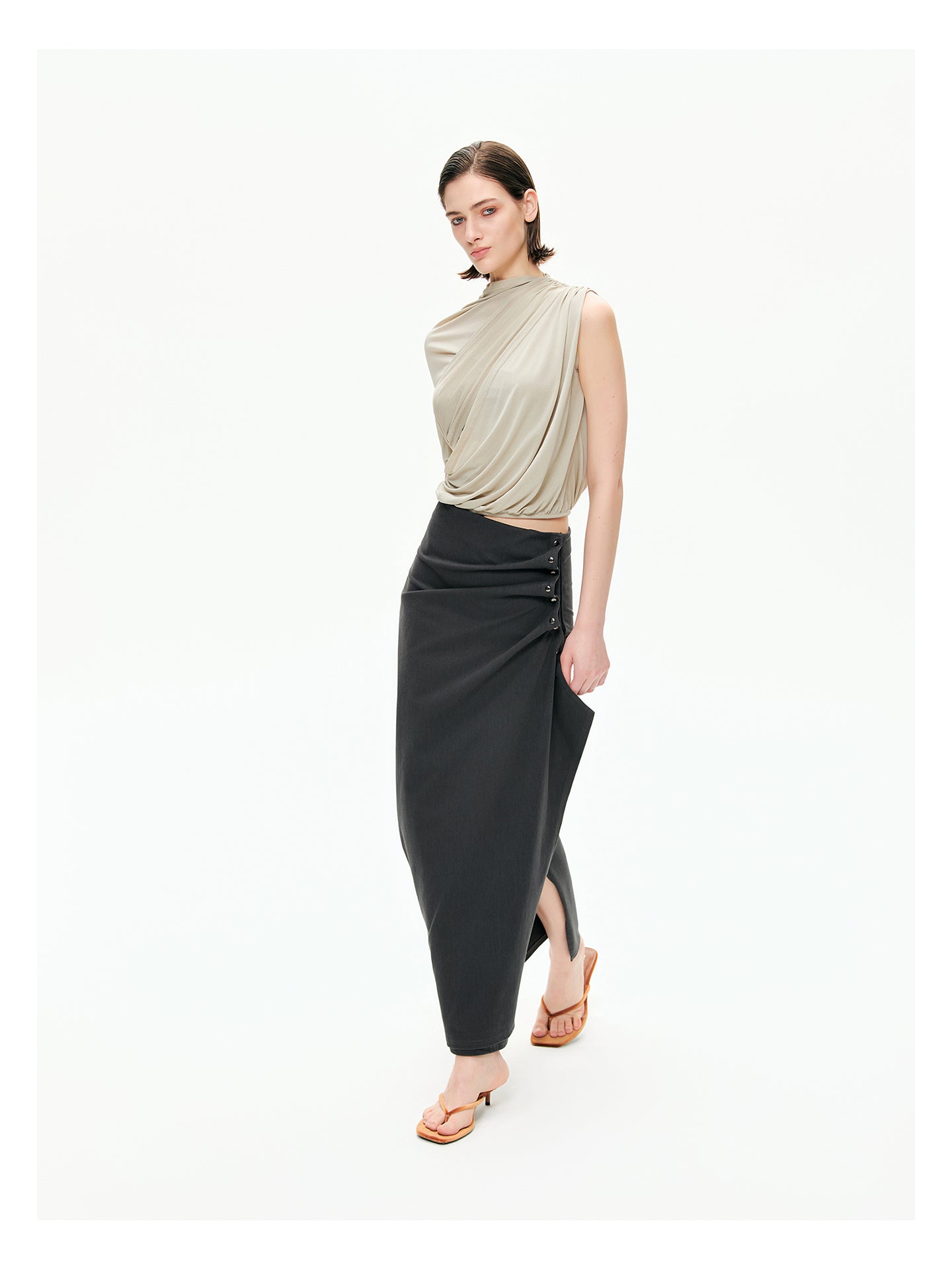 Snap-Detail Draped Wrap Maxi Skirt