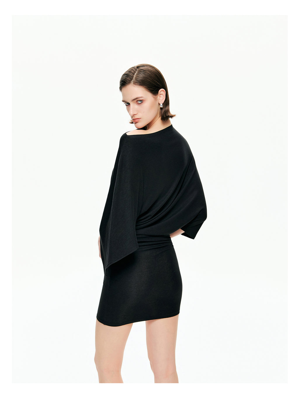 Draped Sleeve Ruched Knit Mini Dress