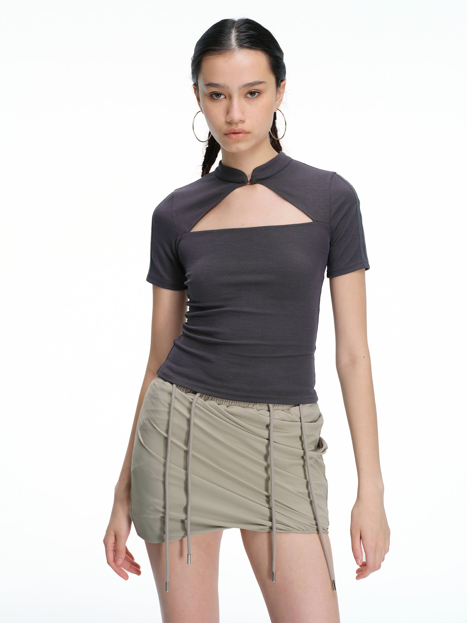 Fitted Mandarin Collar Cutout Top