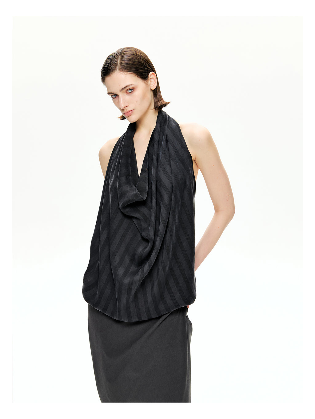 Tonal Stripe Convertible Draped Halter Top