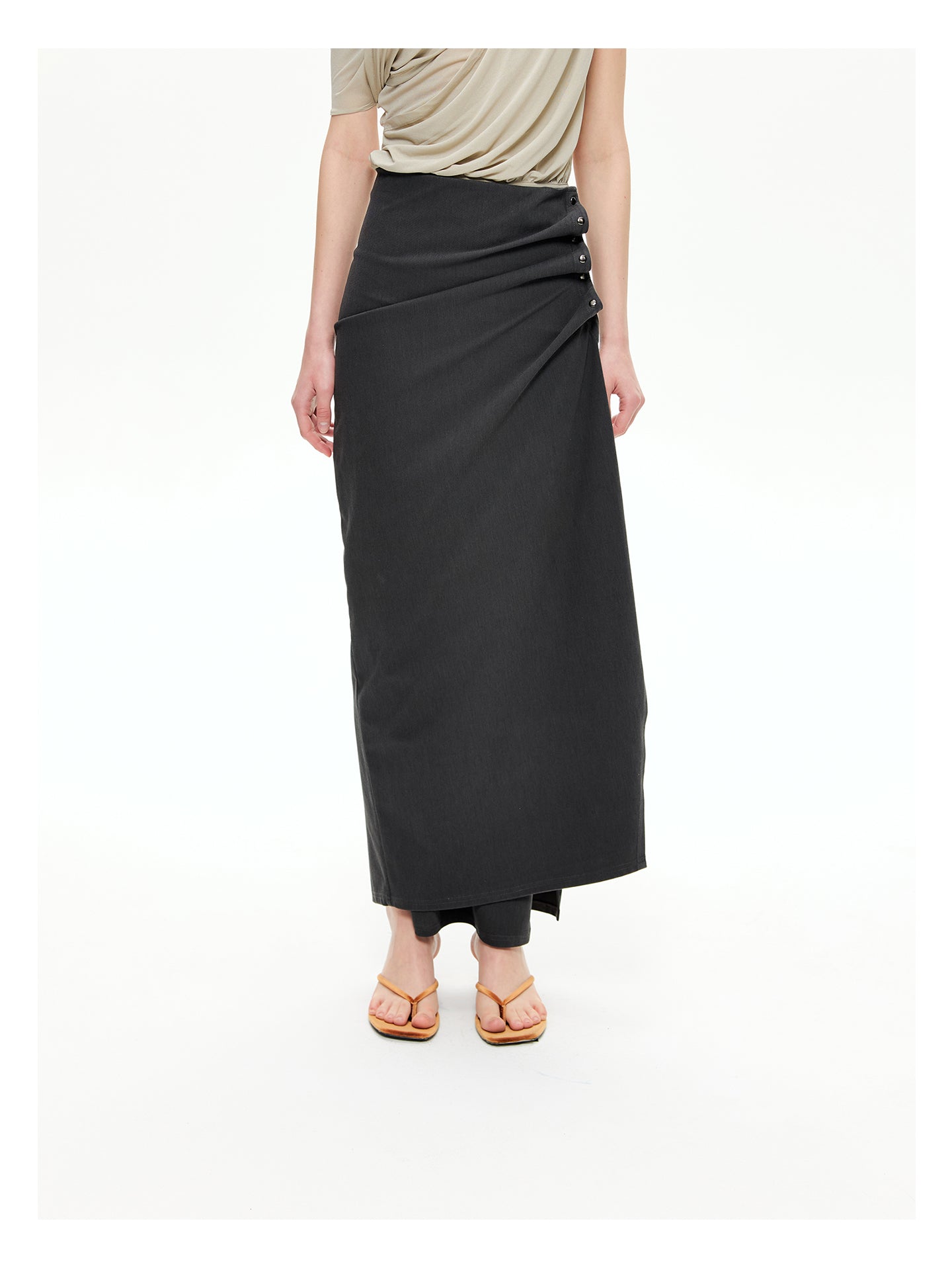 Snap-Detail Draped Wrap Maxi Skirt