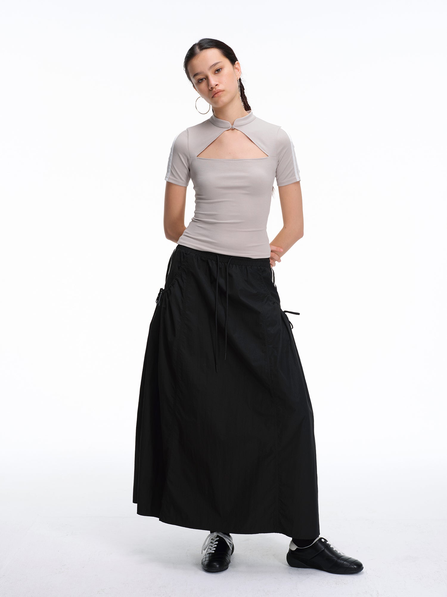 Fitted Mandarin Collar Cutout Top