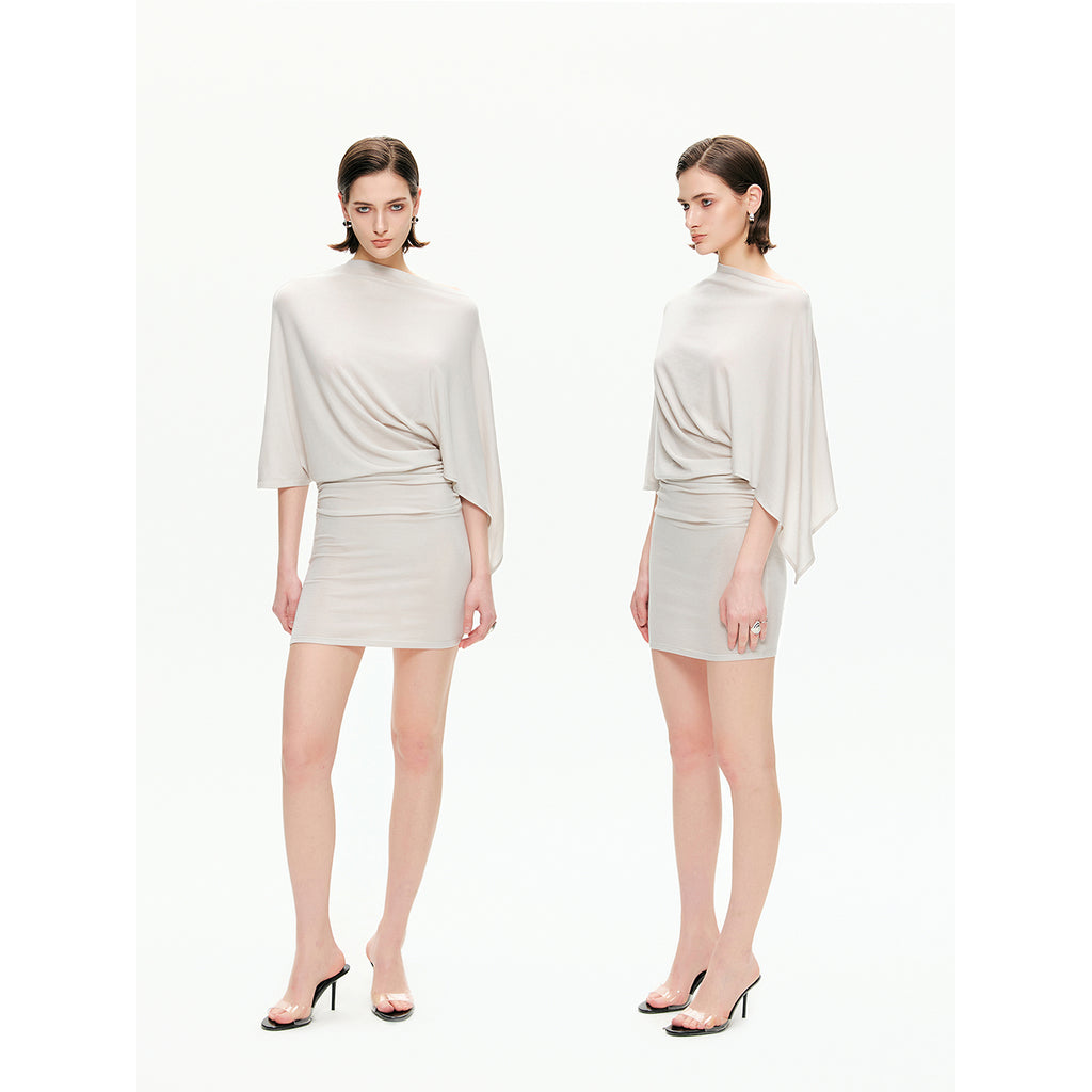 Draped Sleeve Ruched Knit Mini Dress