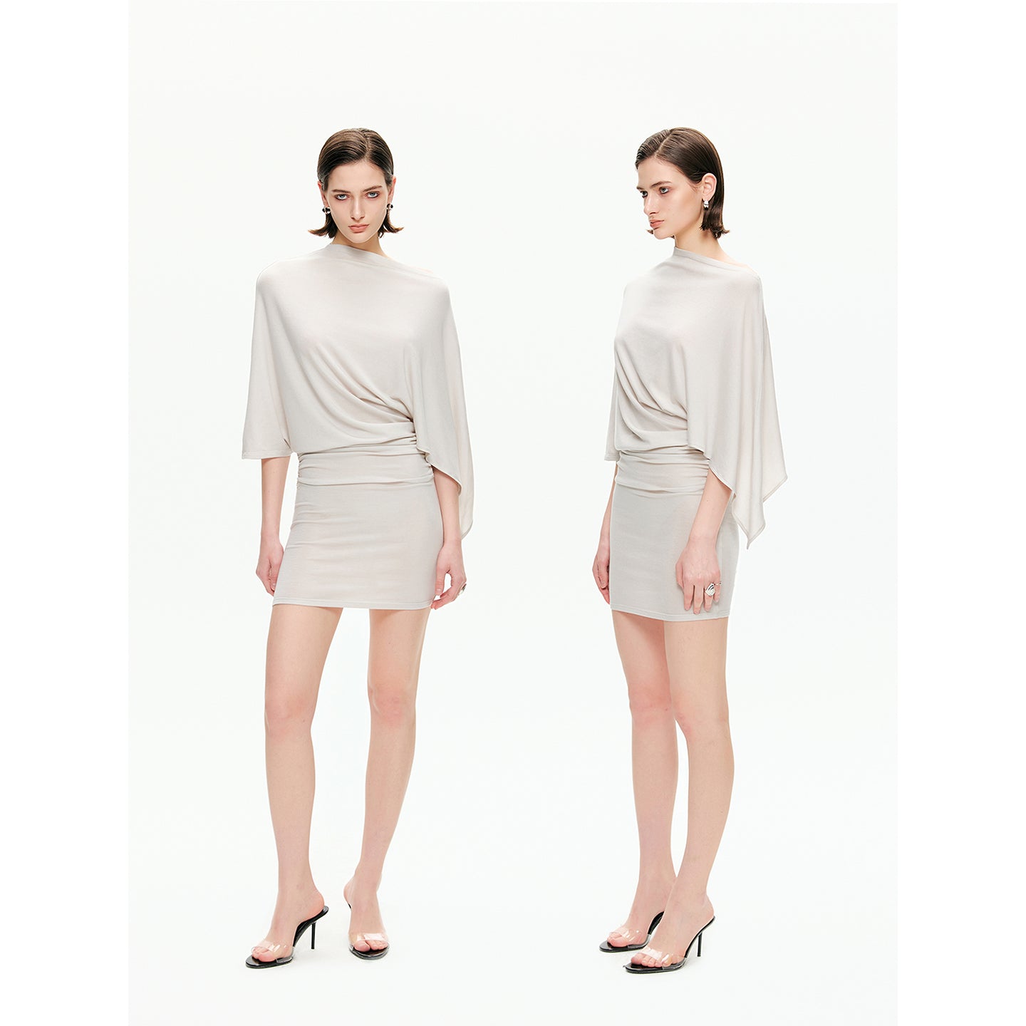 Draped Sleeve Ruched Knit Mini Dress