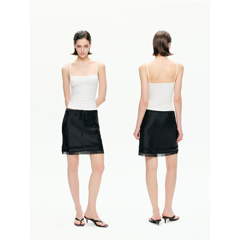 Acetate Satin Lace-Trim Mini Skirt