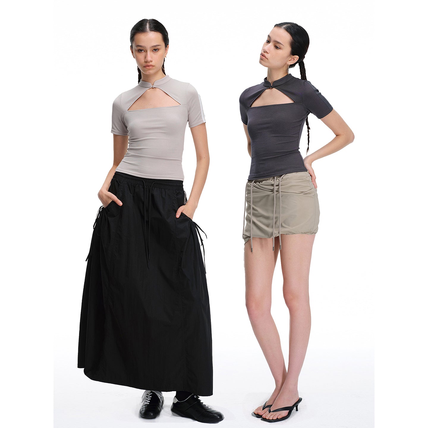Fitted Mandarin Collar Cutout Top