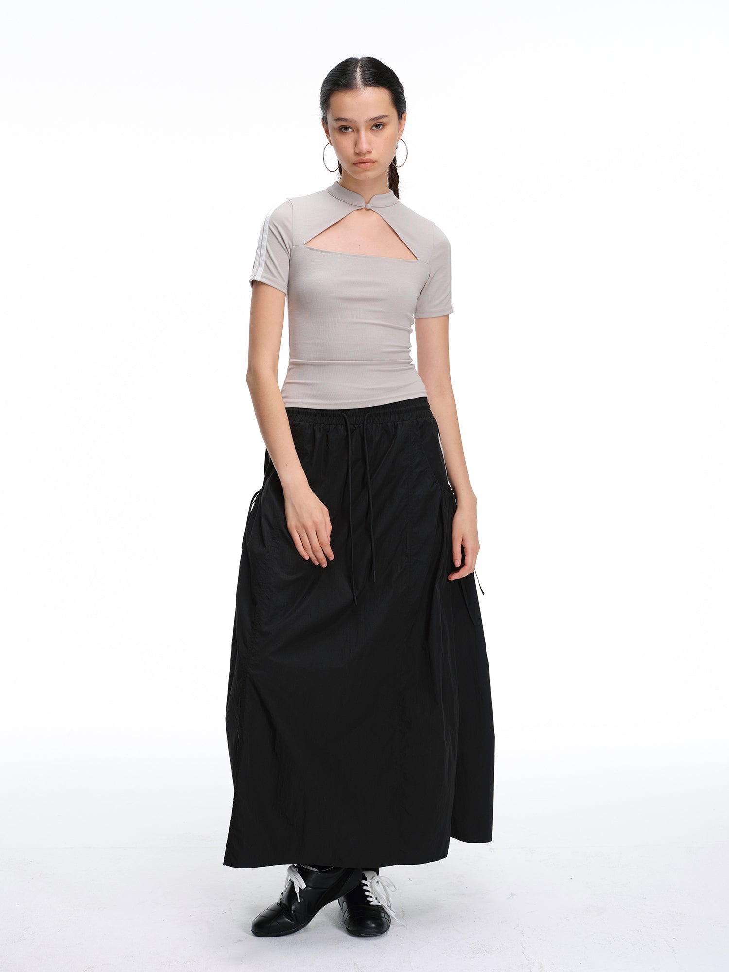 Fitted Mandarin Collar Cutout Top