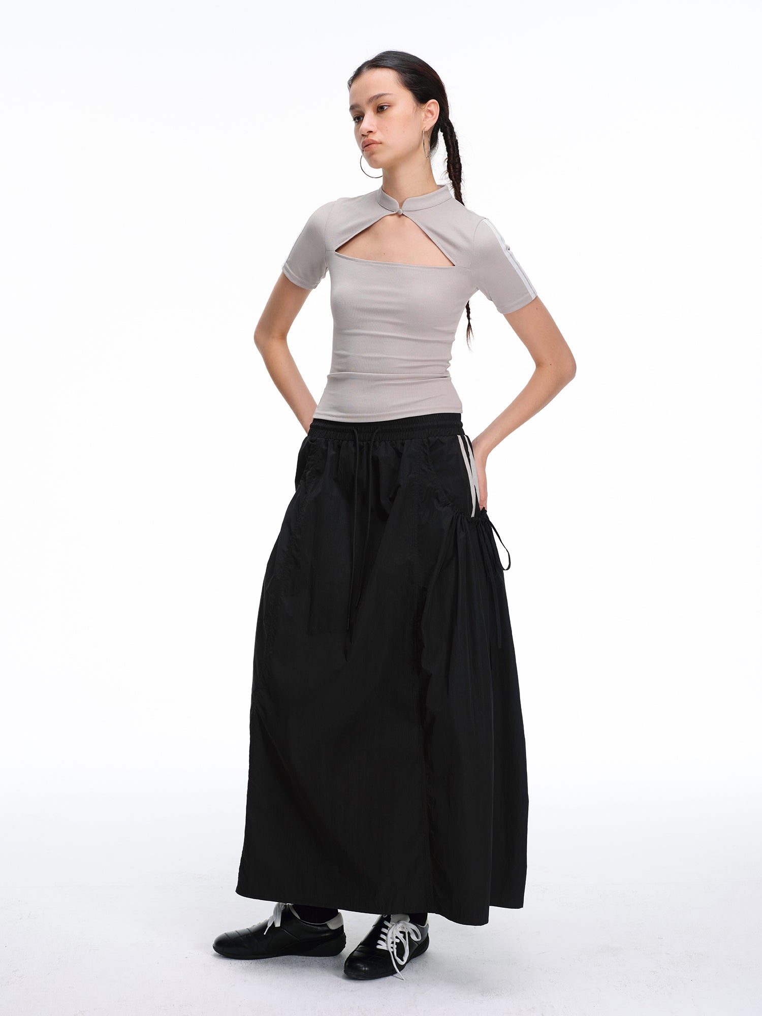 Fitted Mandarin Collar Cutout Top