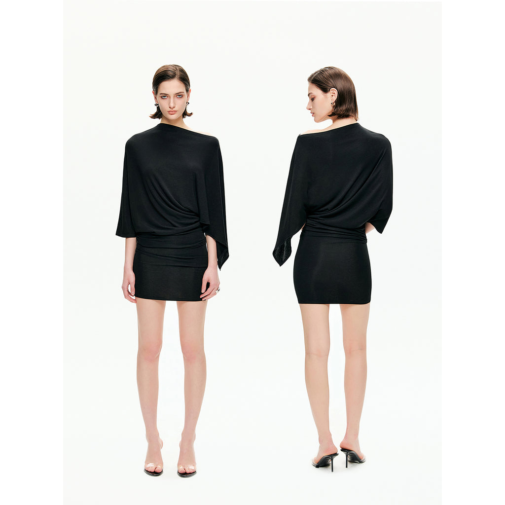 Draped Sleeve Ruched Knit Mini Dress