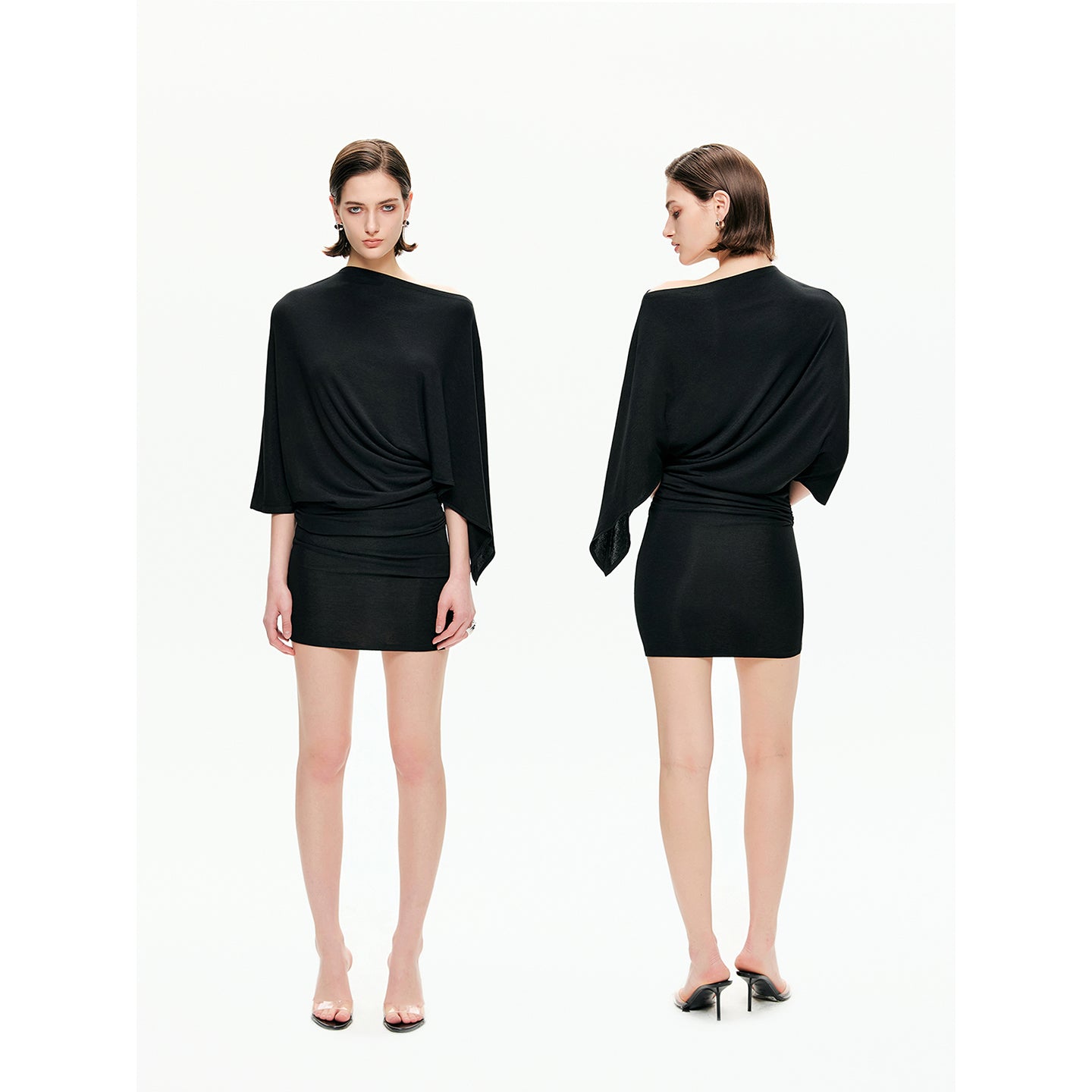 Draped Sleeve Ruched Knit Mini Dress