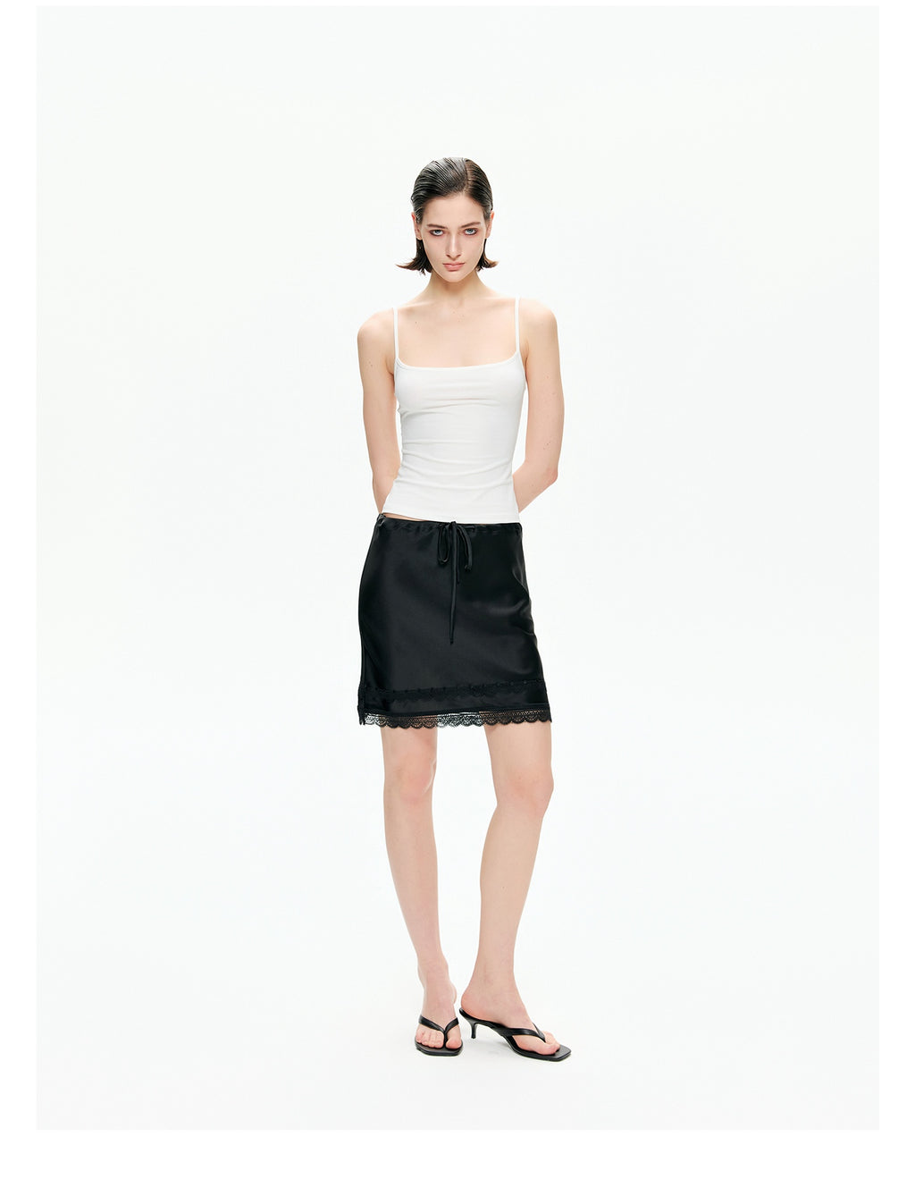 Acetate Satin Lace-Trim Mini Skirt