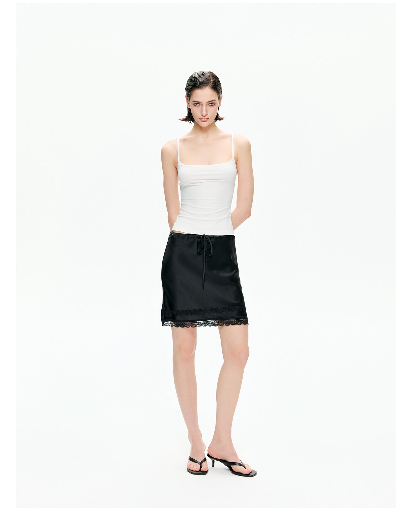 Acetate Satin Lace-Trim Mini Skirt
