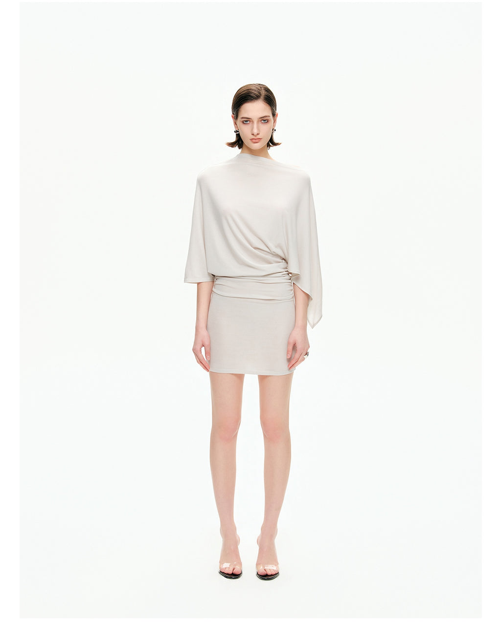 Draped Sleeve Ruched Knit Mini Dress