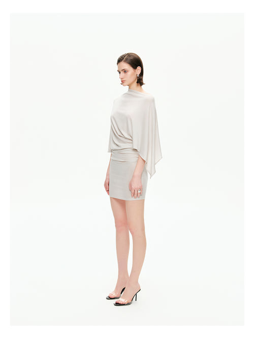 Draped Sleeve Ruched Knit Mini Dress