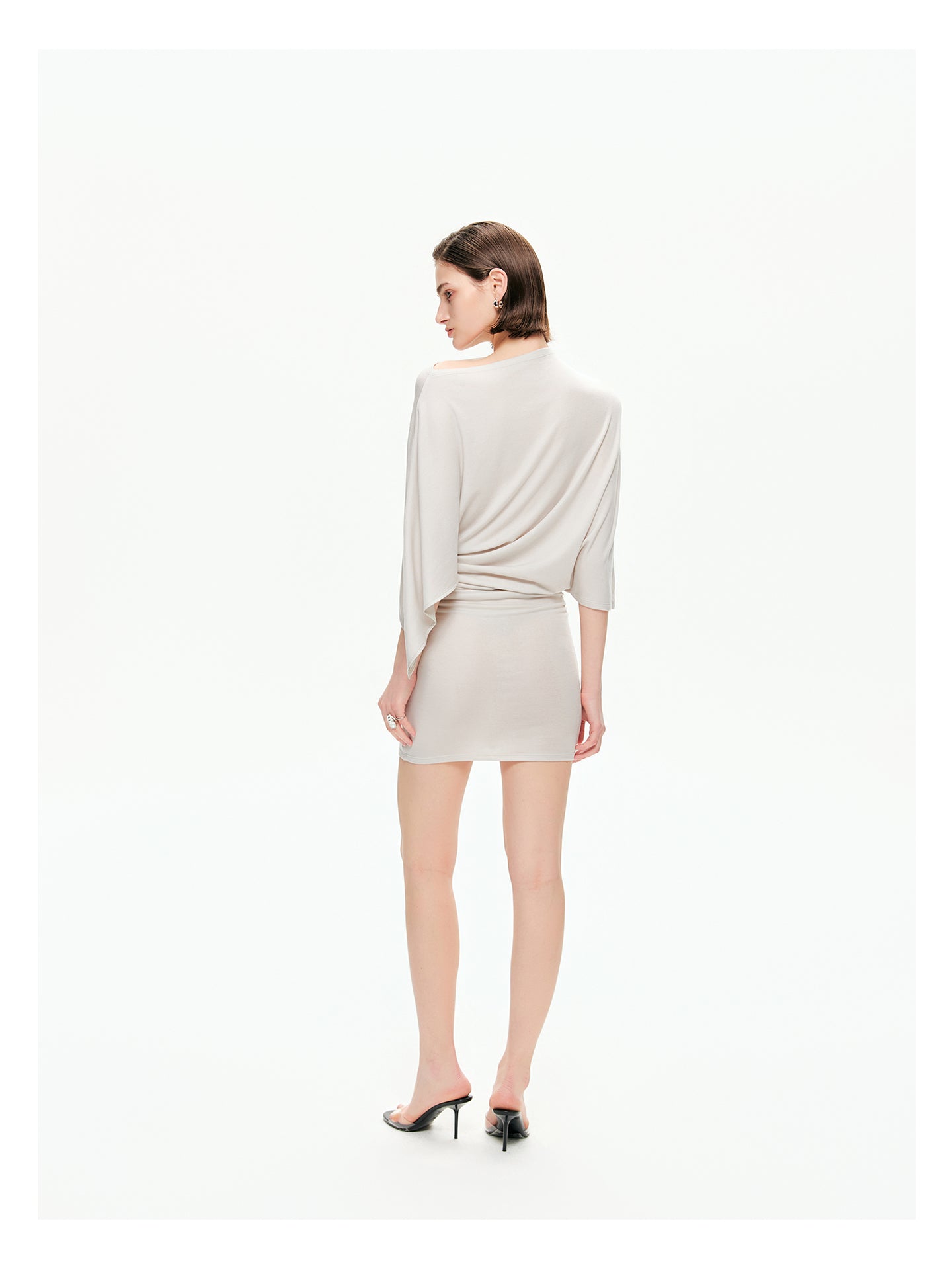 Draped Sleeve Ruched Knit Mini Dress