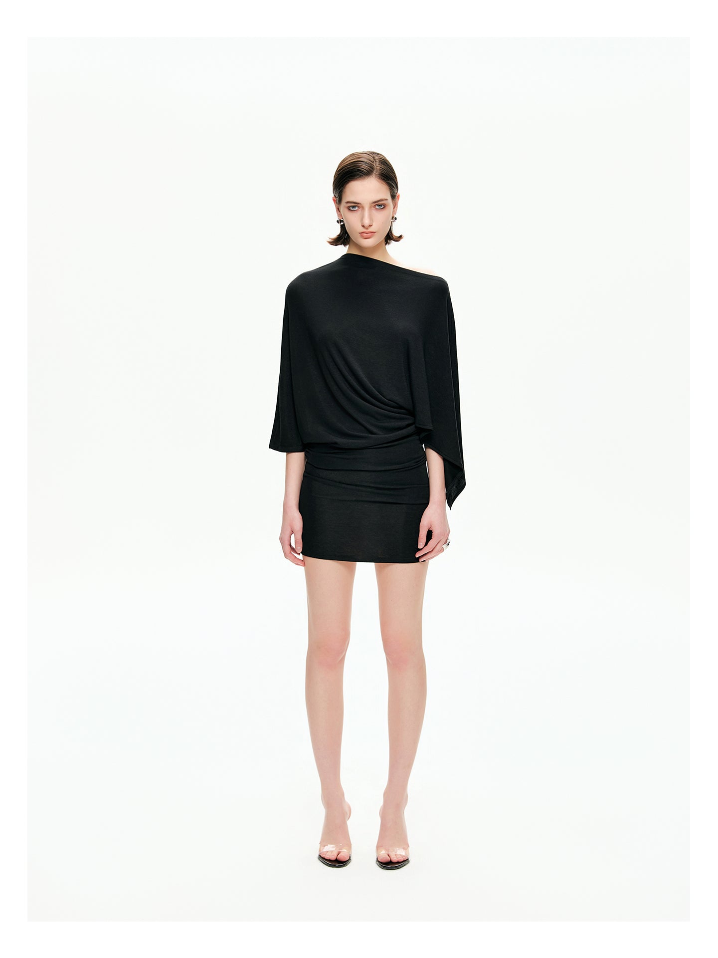 Draped Sleeve Ruched Knit Mini Dress